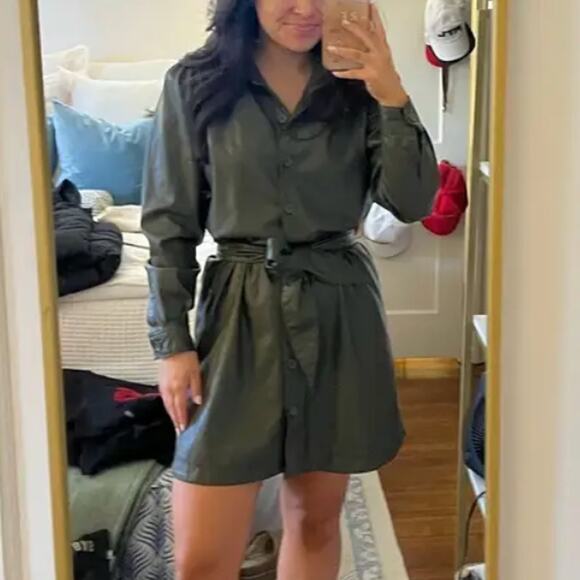 Peter Som Olive Green Faux Leather Mini Shirt Dress SIze 12 Career Designer $355 - Picture 6 of 13